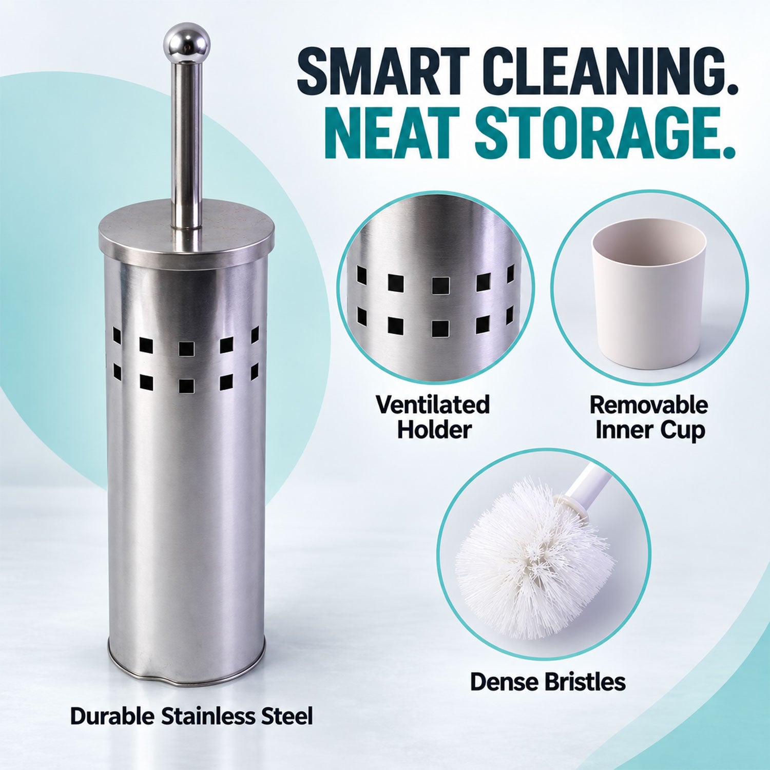 A stainless steel toilet brush holder with callouts for its ventilated design, removable inner cup, and dense white bristles.