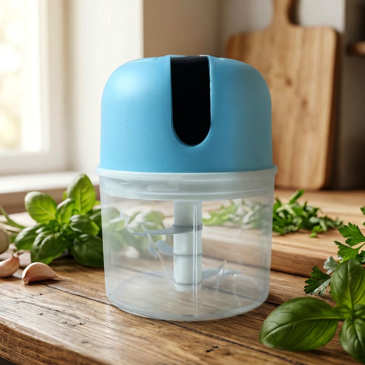 Mini electric garlic chopper side angle view