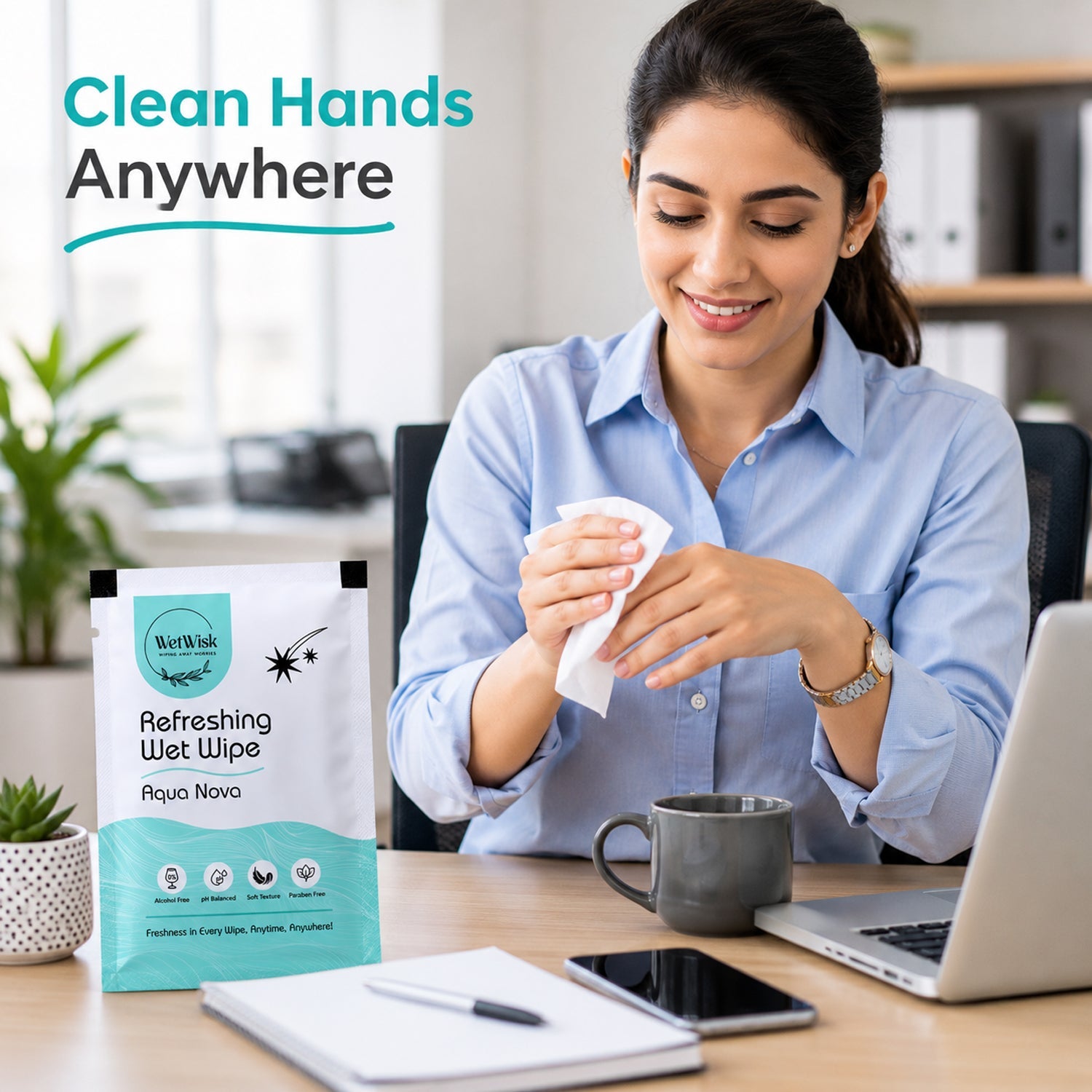 Refreshing aqua wipe on hand