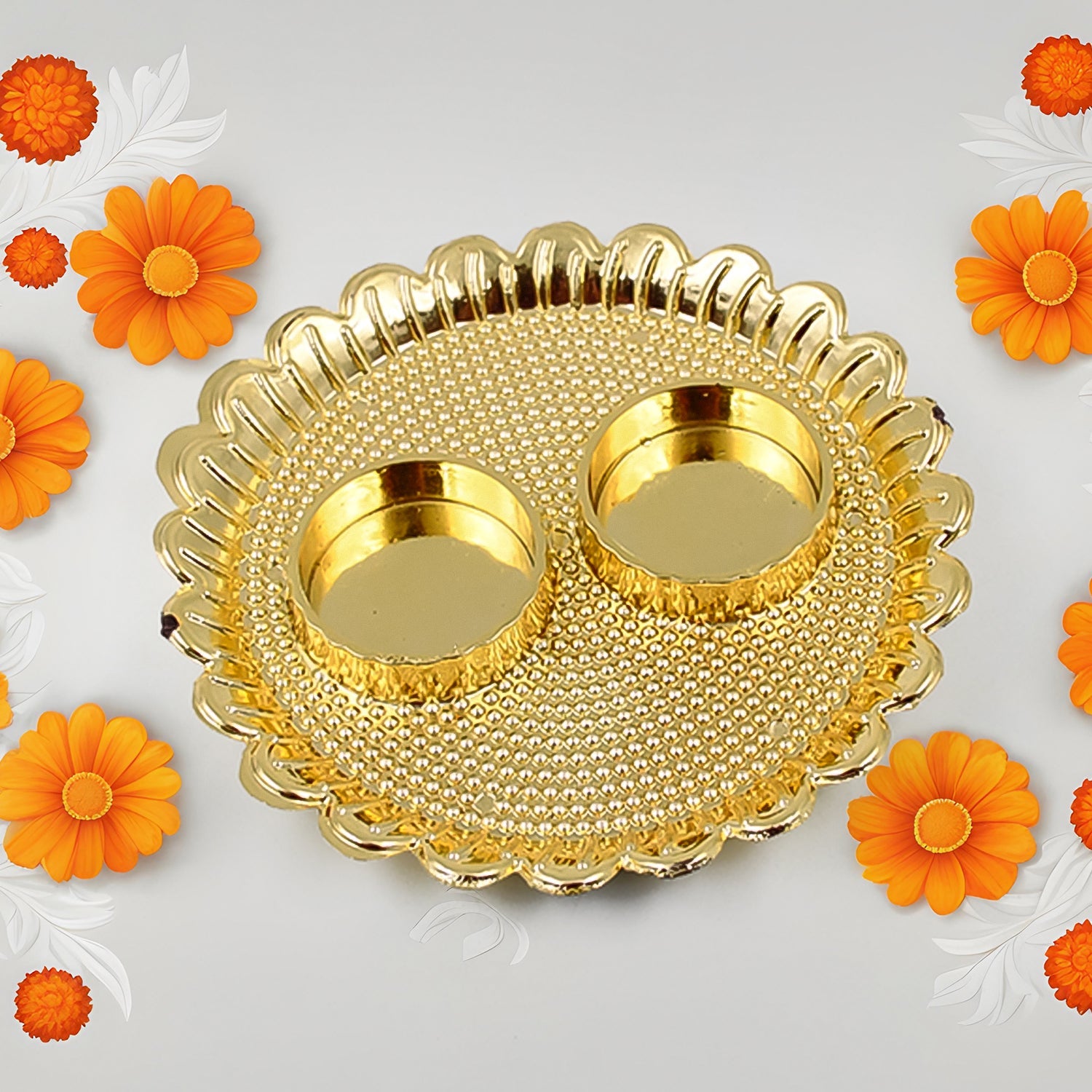 Close-up of individual Kumkum bowls on Thali