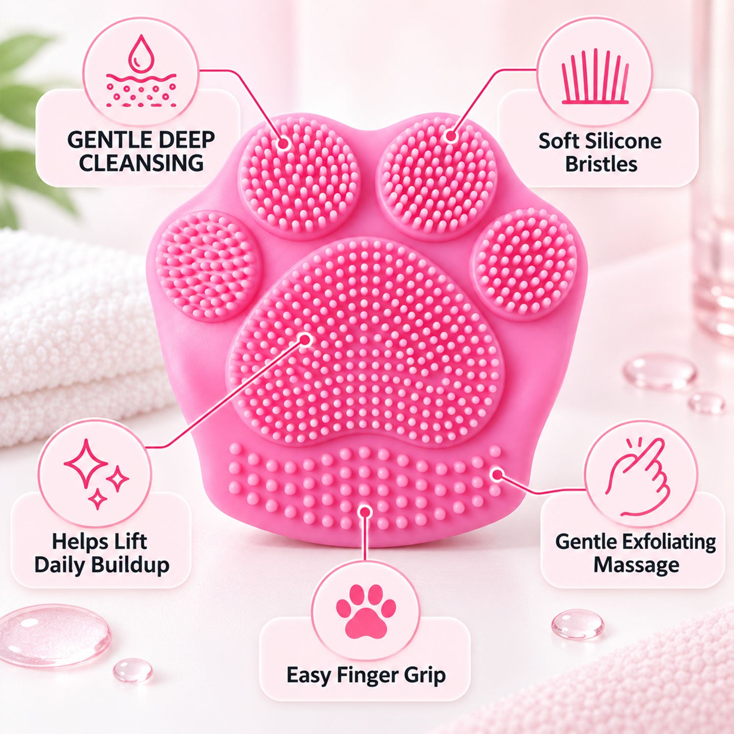 A pink paw-shaped facial scrubber with callouts highlighting its gentle deep cleansing and exfoliating massage features.
