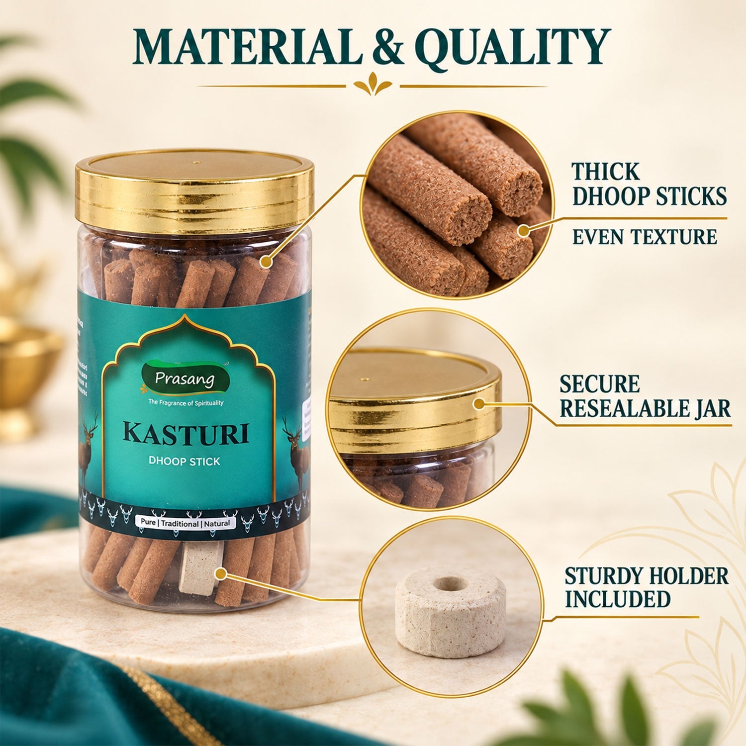 Close-ups of the thick dhoop sticks, the secure resealable jar, and the sturdy holder.