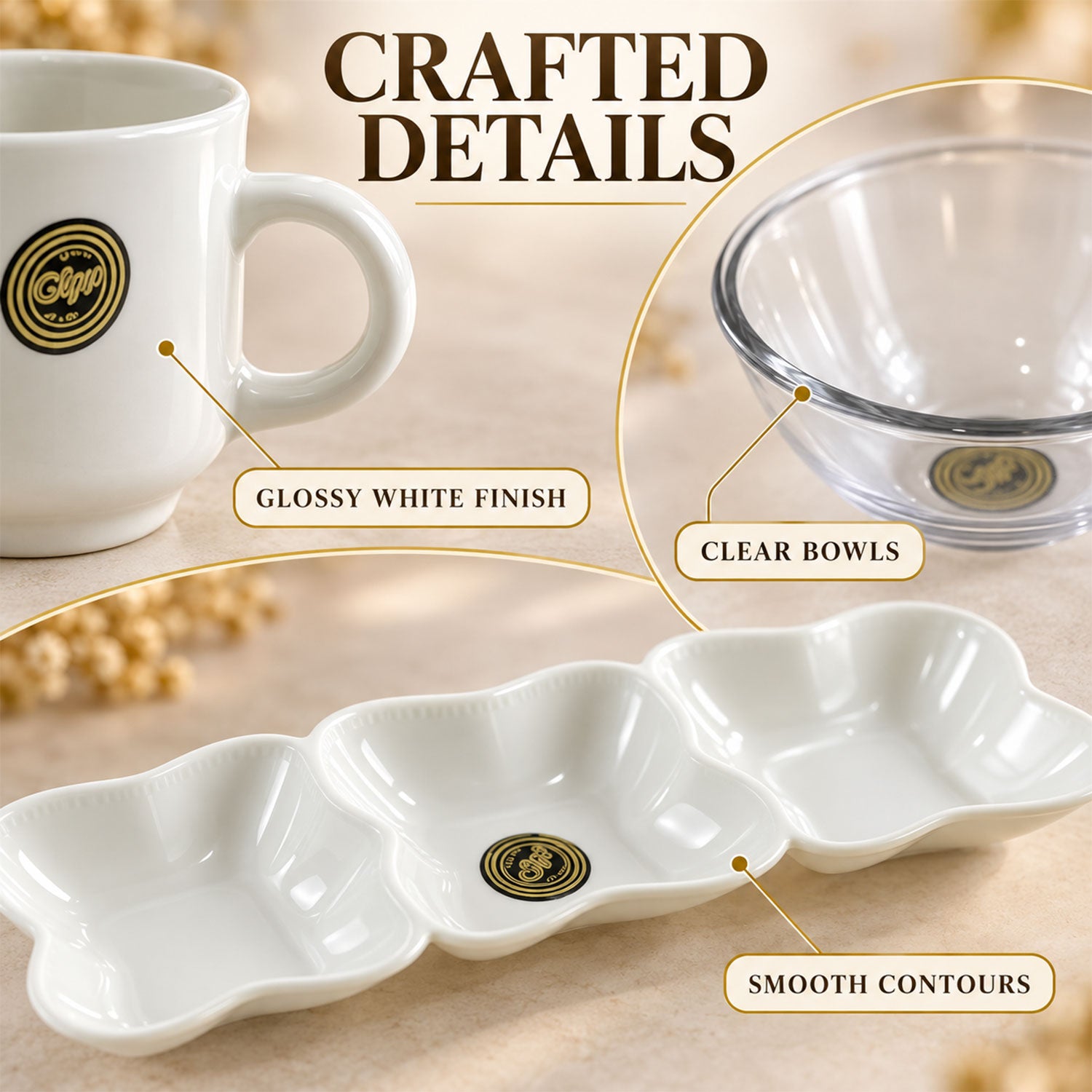 A close-up view highlights the glossy white finish of a ceramic mug, the clear glass of a bowl, and the smooth contours of