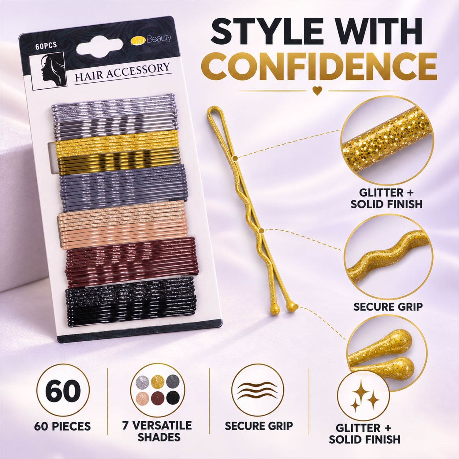 A package of glittery hairpins is next to an individual gold hairpin, showing its glitter finish and secure waved grip.
