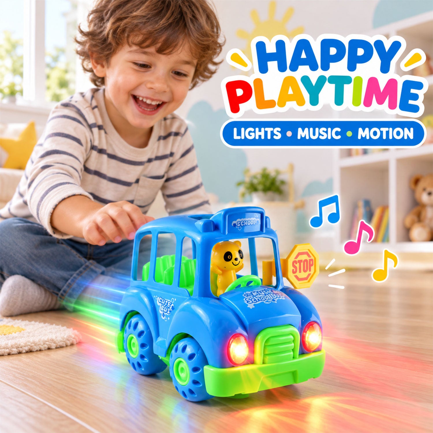 A happy child plays with a blue toy bus that emits colorful lights and music notes.