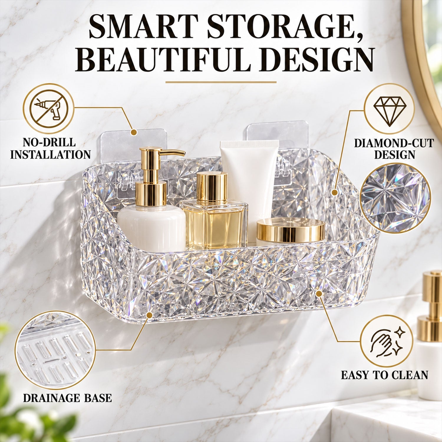 Close up of the diamond pattern and transparent plastic material of the wall organiser