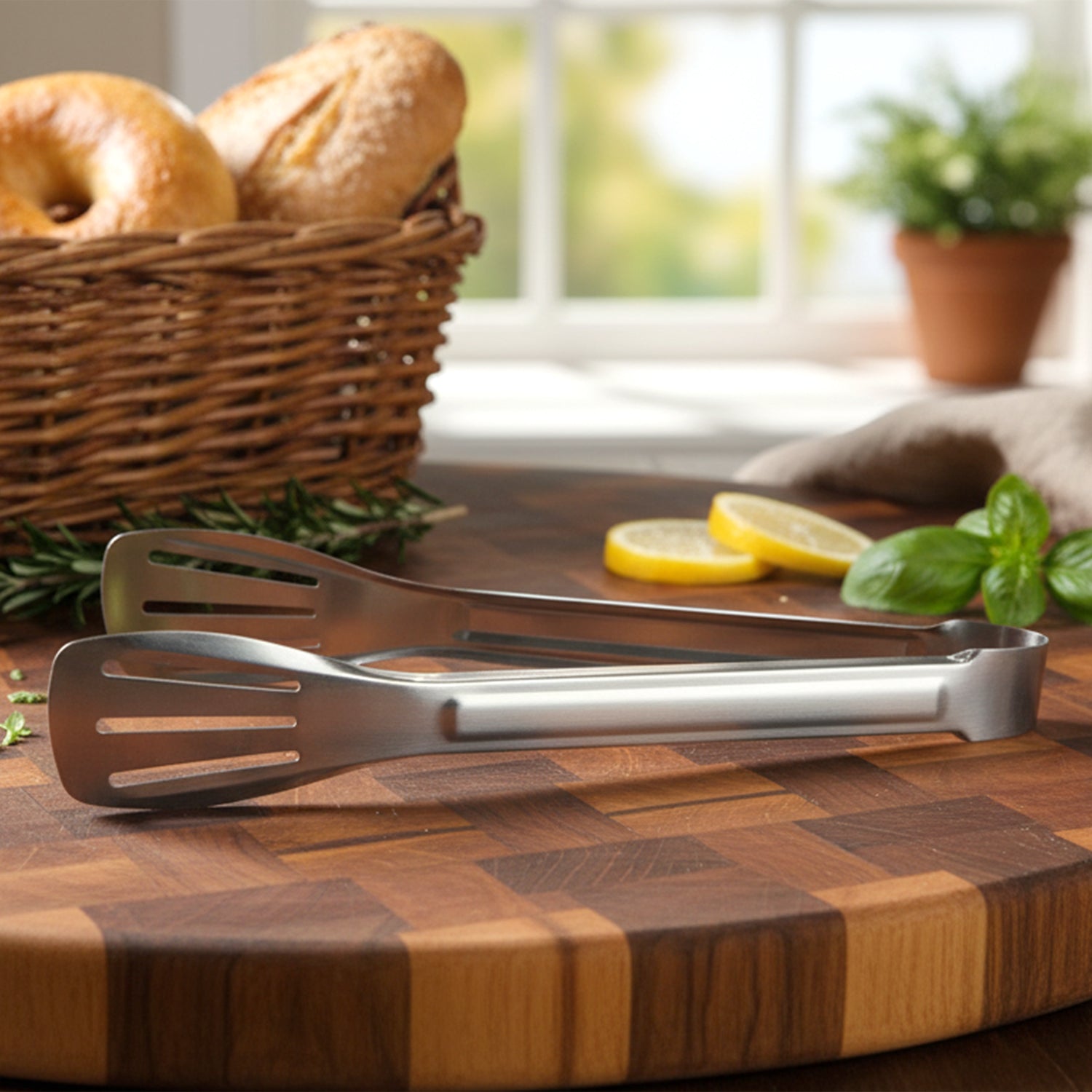 Stainless steel tongs on kitchen counter