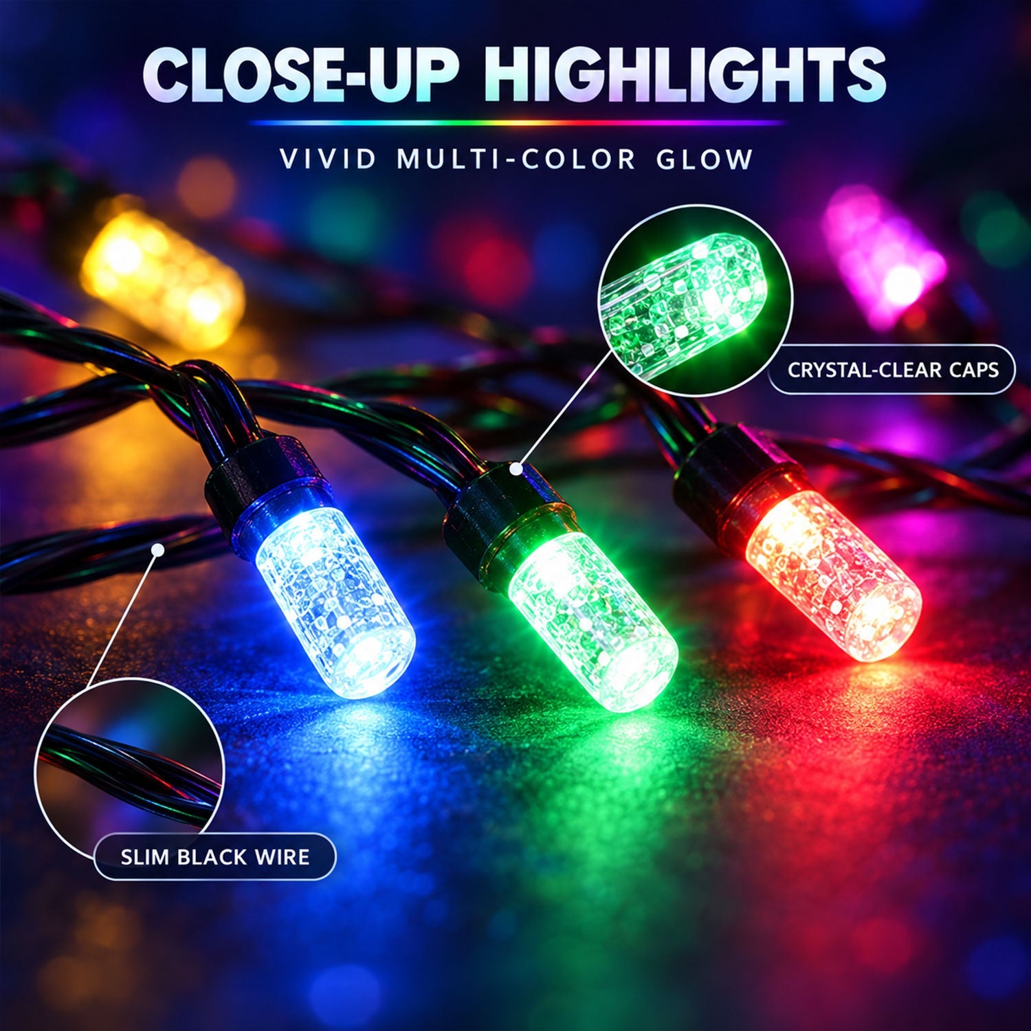 Close-up of three glowing LED lights in blue, green, and red, with crystal-clear caps and slim black wire details.
