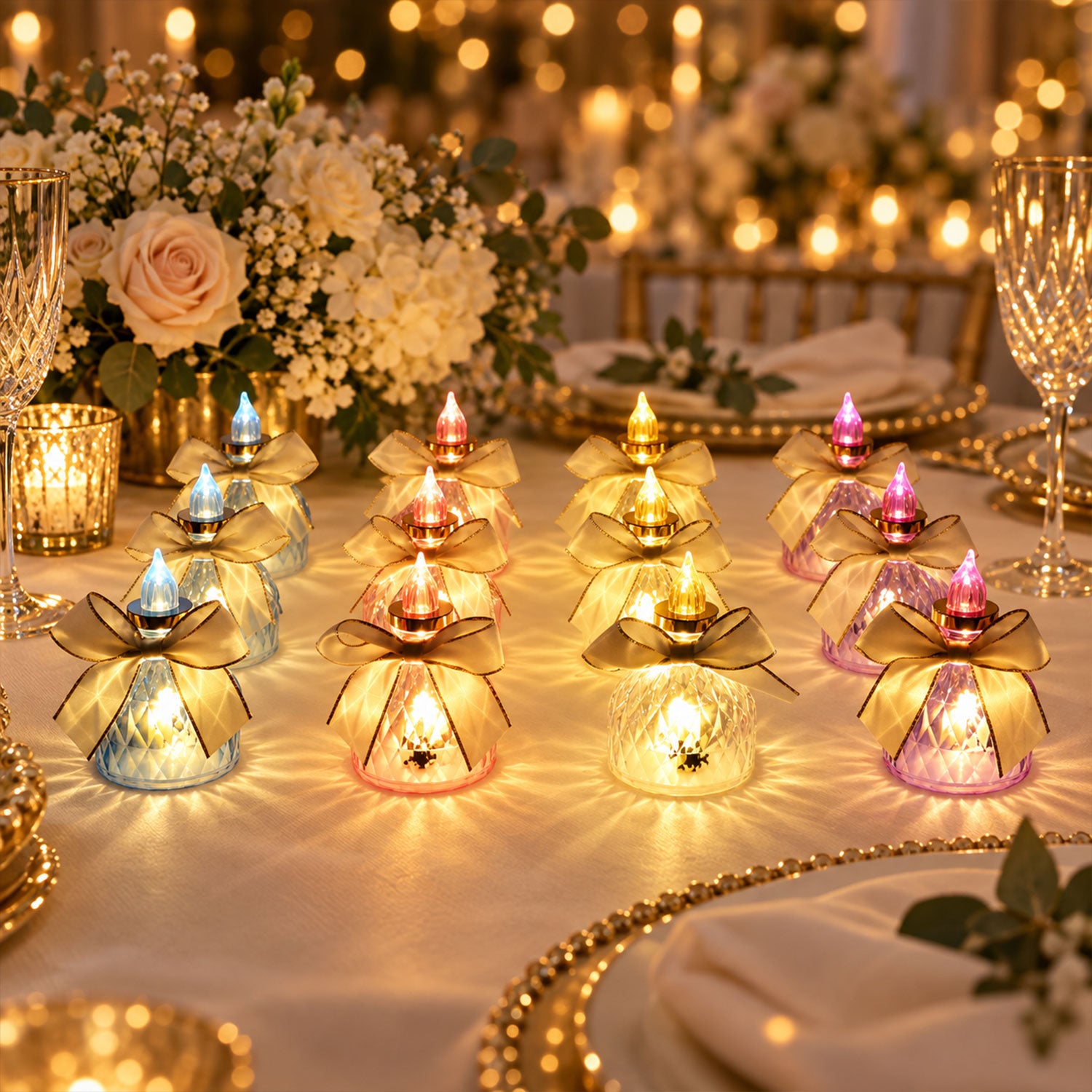 Twelve glowing faceted LED candles with cream bows and gold trim adorn a formal dining table with floral decorations.