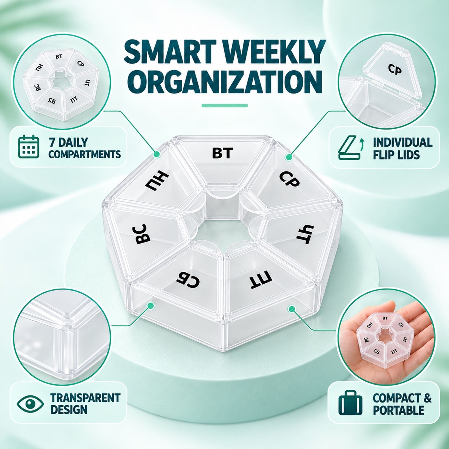 A clear hexagonal pill organizer with seven labeled compartments is highlighted with feature callouts.