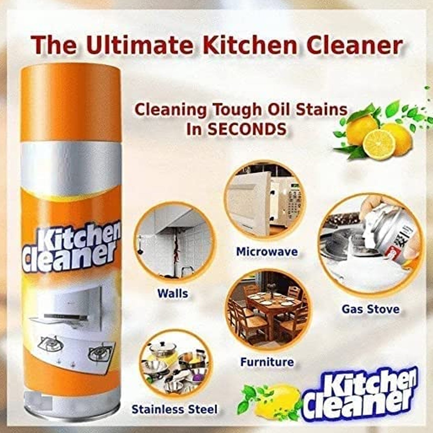 Kitchen Foam Cleaner being sprayed onto a greasy gas stove, illustrating its ease of use.