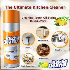 Kitchen Foam Cleaner being sprayed onto a greasy gas stove, illustrating its ease of use.