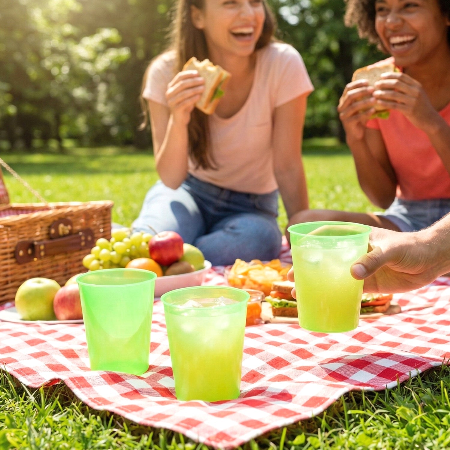 Close up of transparent plastic tumbler from 4-piece set