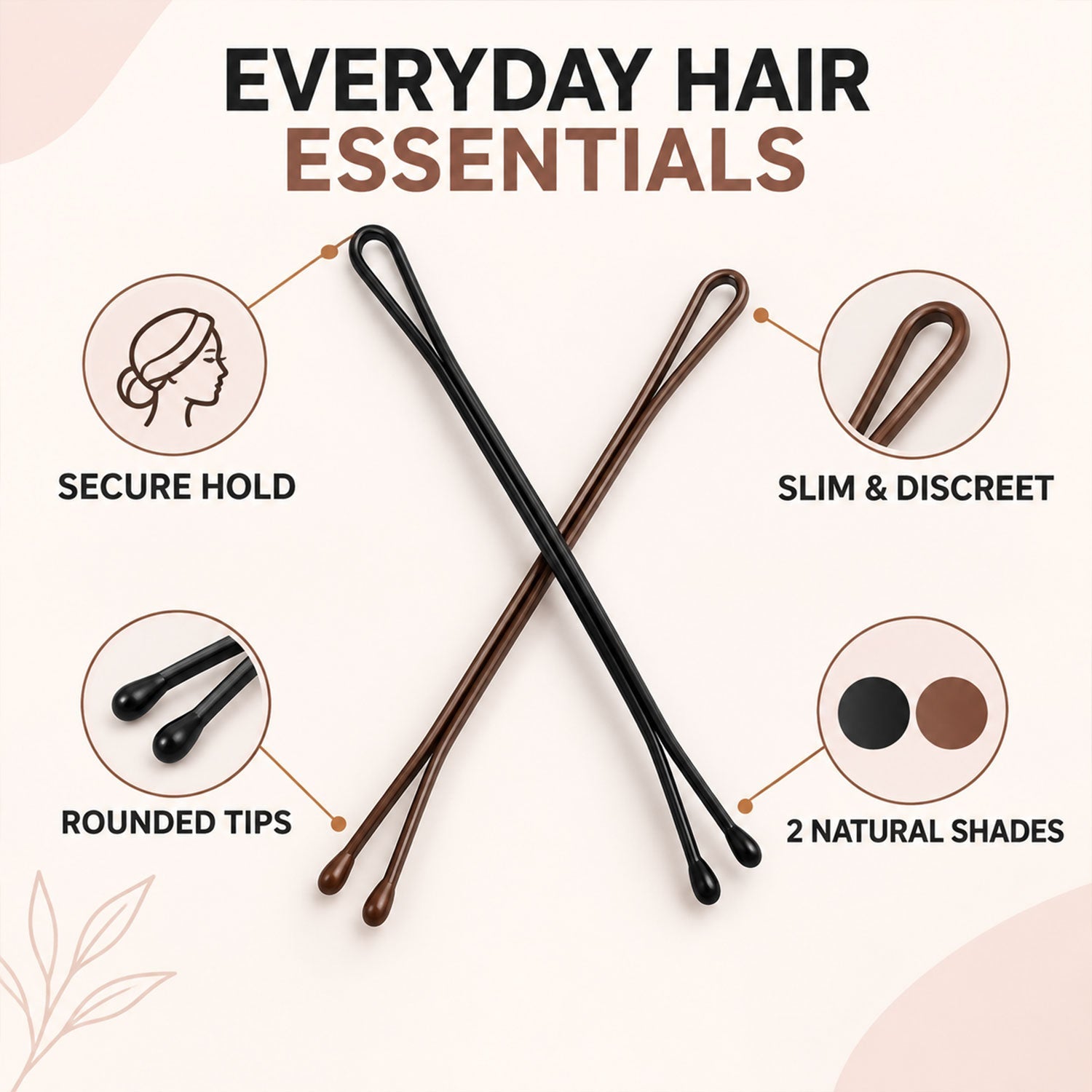 Two bobby pins, one black and one brown, crossed on a light background with icons illustrating their features.