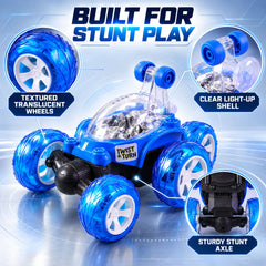 A blue remote control stunt car with transparent wheels and a clear shell, highlighting its stunt capabilities.