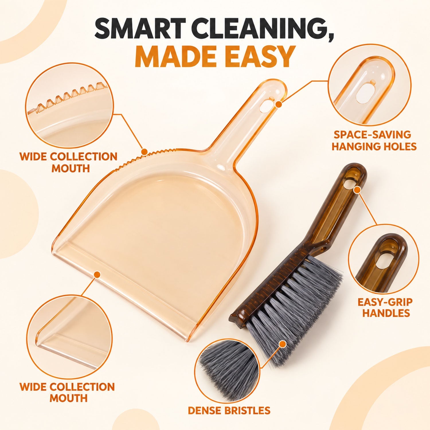 An amber dustpan and dark brown brush are displayed with text callouts highlighting features like wide collection mouth and
