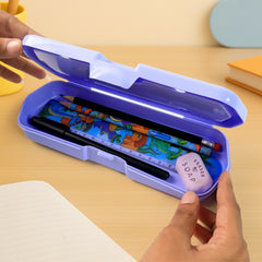 Angled view of the plastic Kids Pencil Box, showcasing its secure snap-lock closure.