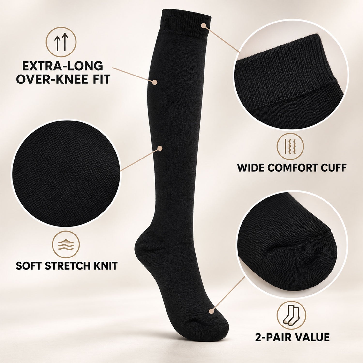 A black over-knee sock with callouts highlighting its extra-long fit, wide comfort cuff, soft stretch knit, and two-pair
