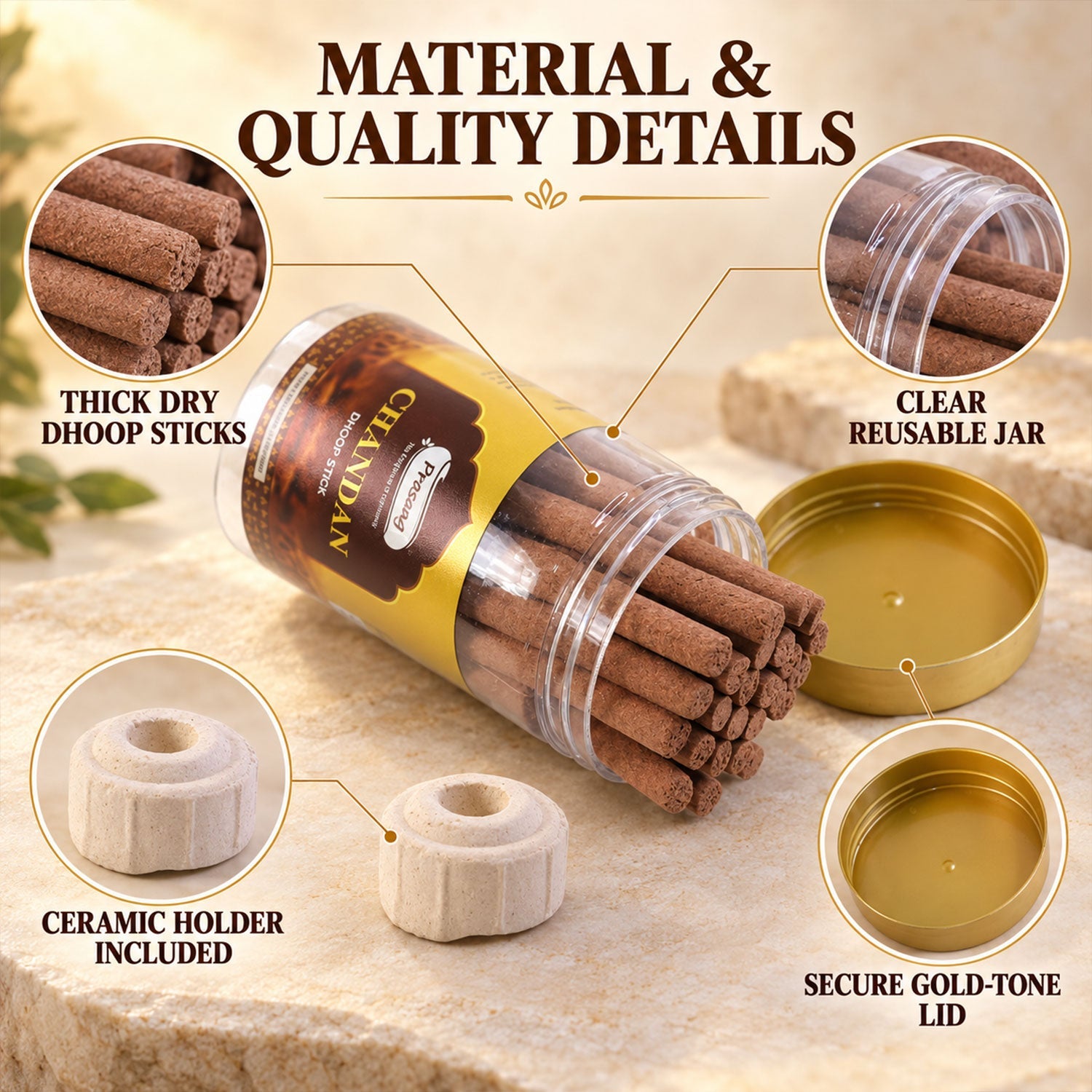A clear jar of dhoop sticks with a gold lid, open to show contents, with two ceramic holders and text details.