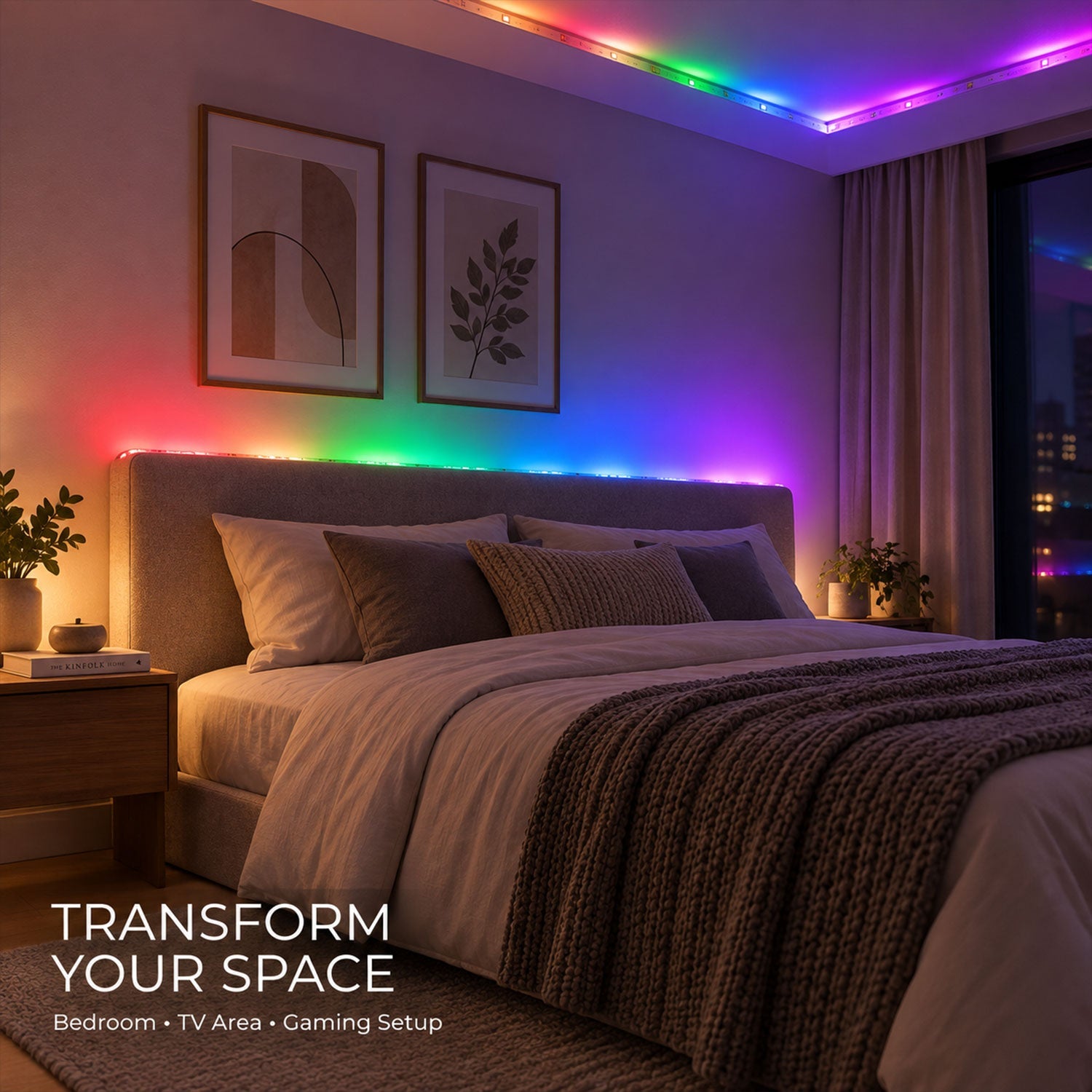 A cozy bedroom with RGB LED strip lights illuminating the headboard and ceiling, creating a warm ambiance.