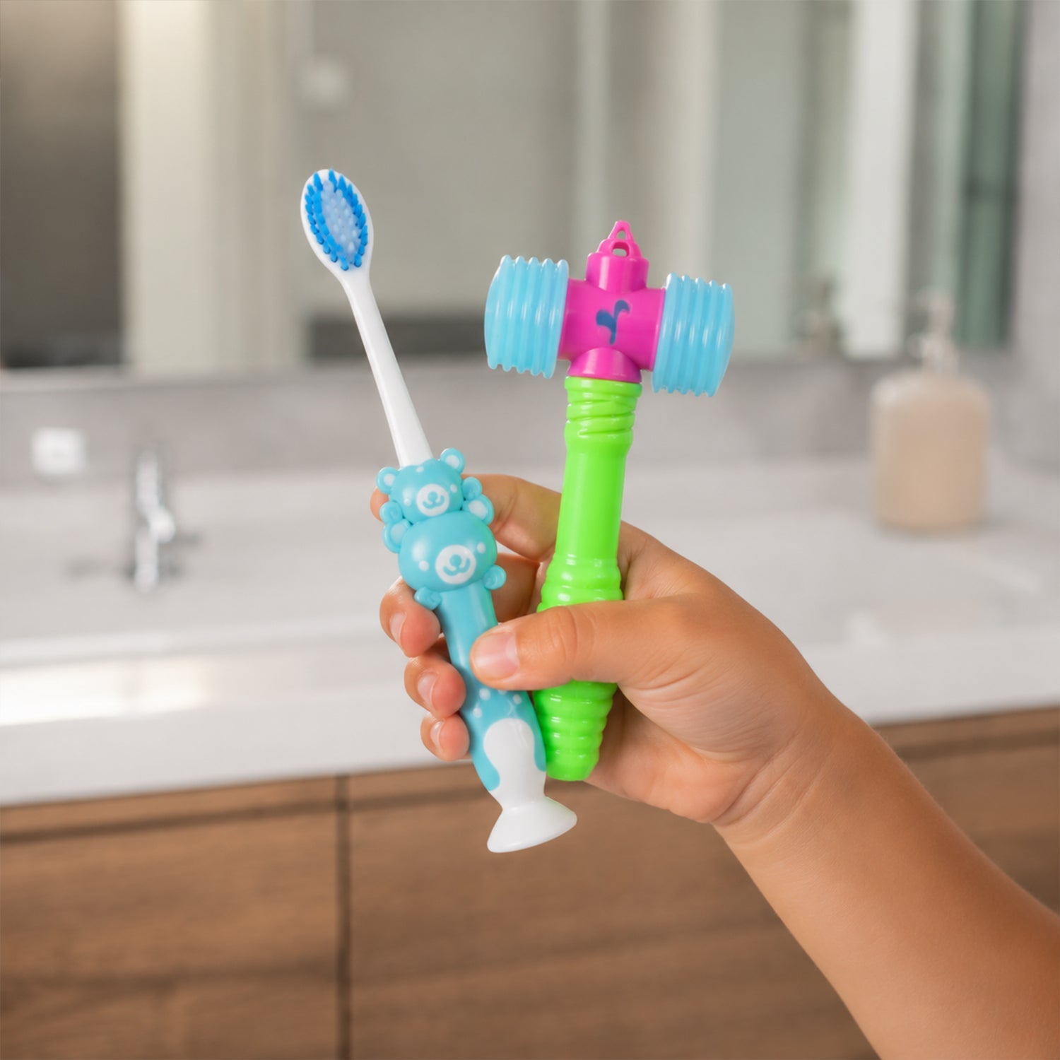 Child's hand holding a blue toothbrush and yellow hammer toy