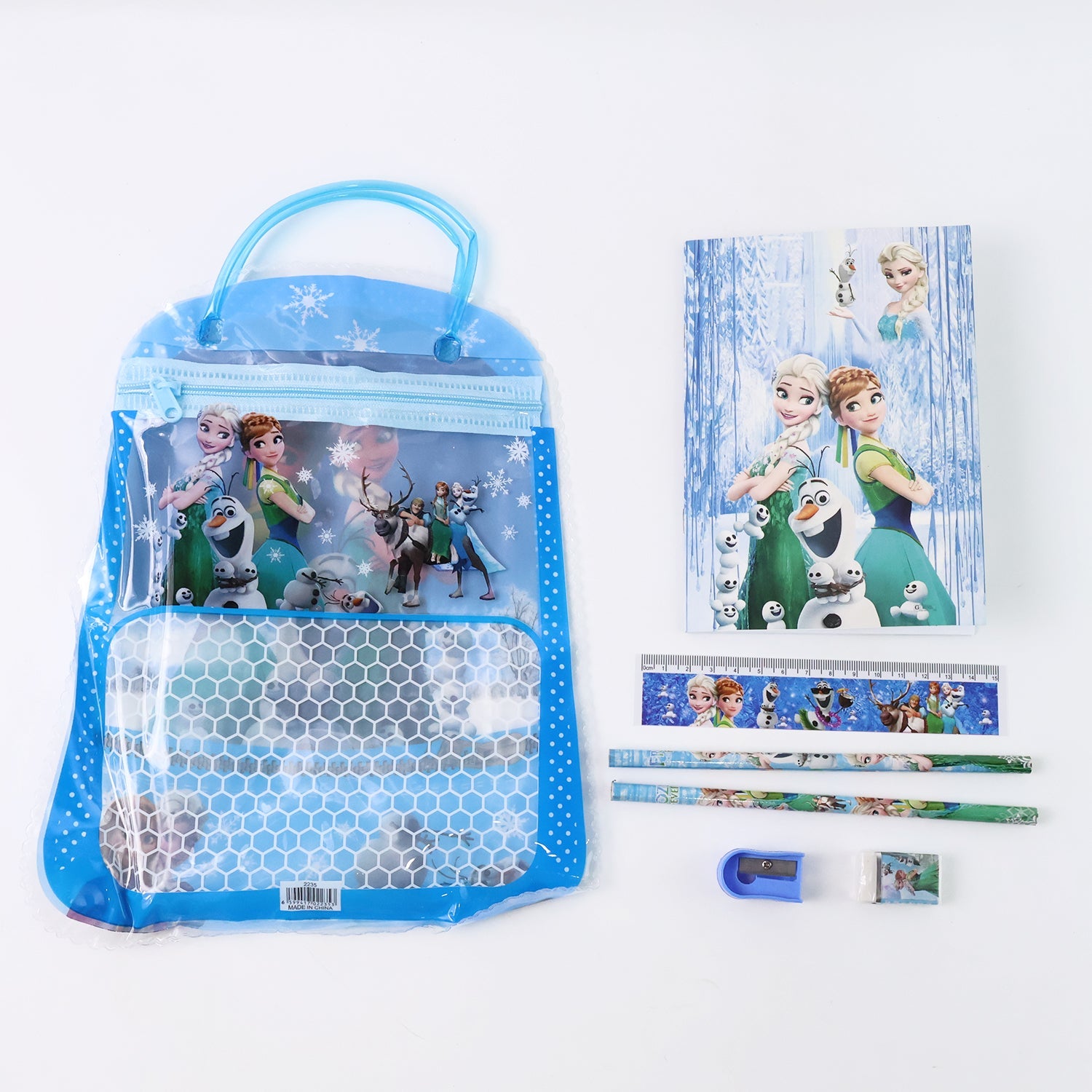 Open zip bag revealing the kids stationery items inside