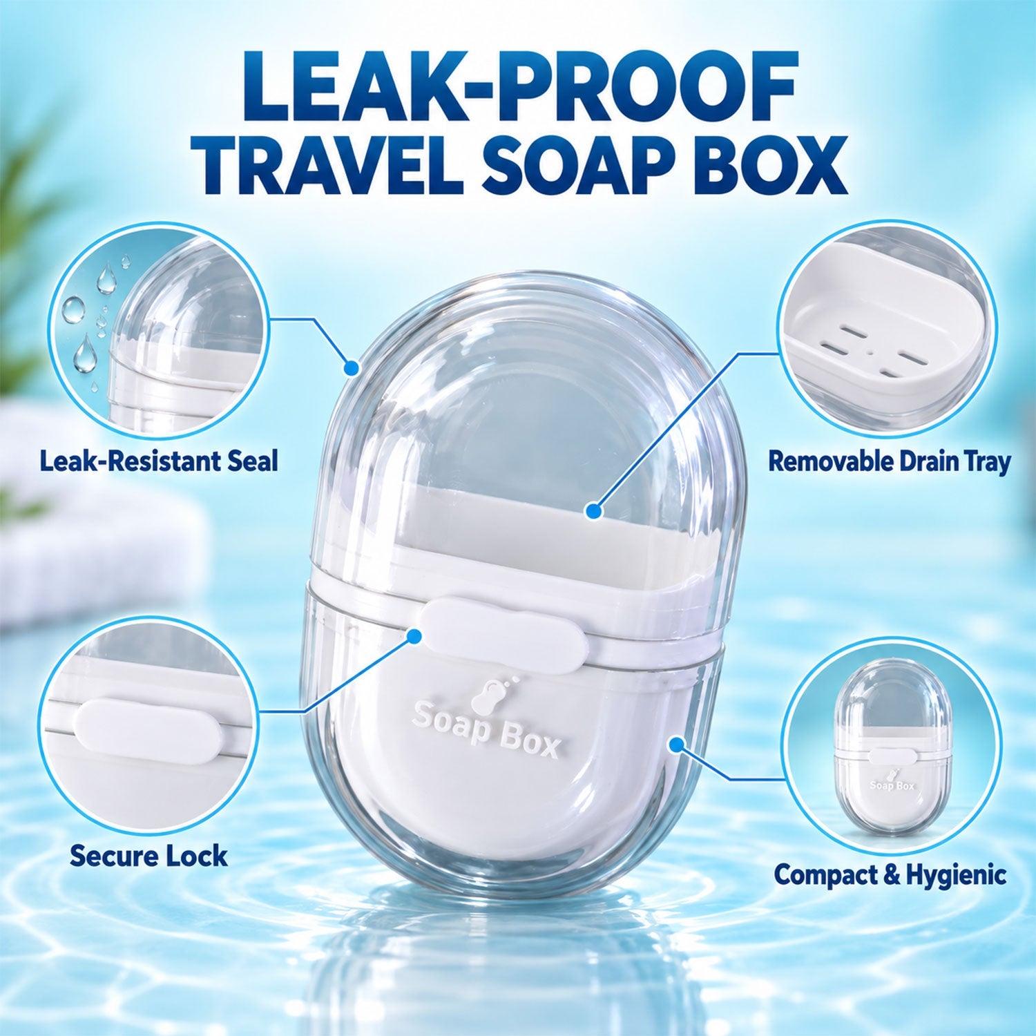 A clear and white oval soap box with callouts highlighting its leak-resistant seal, removable drain tray, and secure lock.