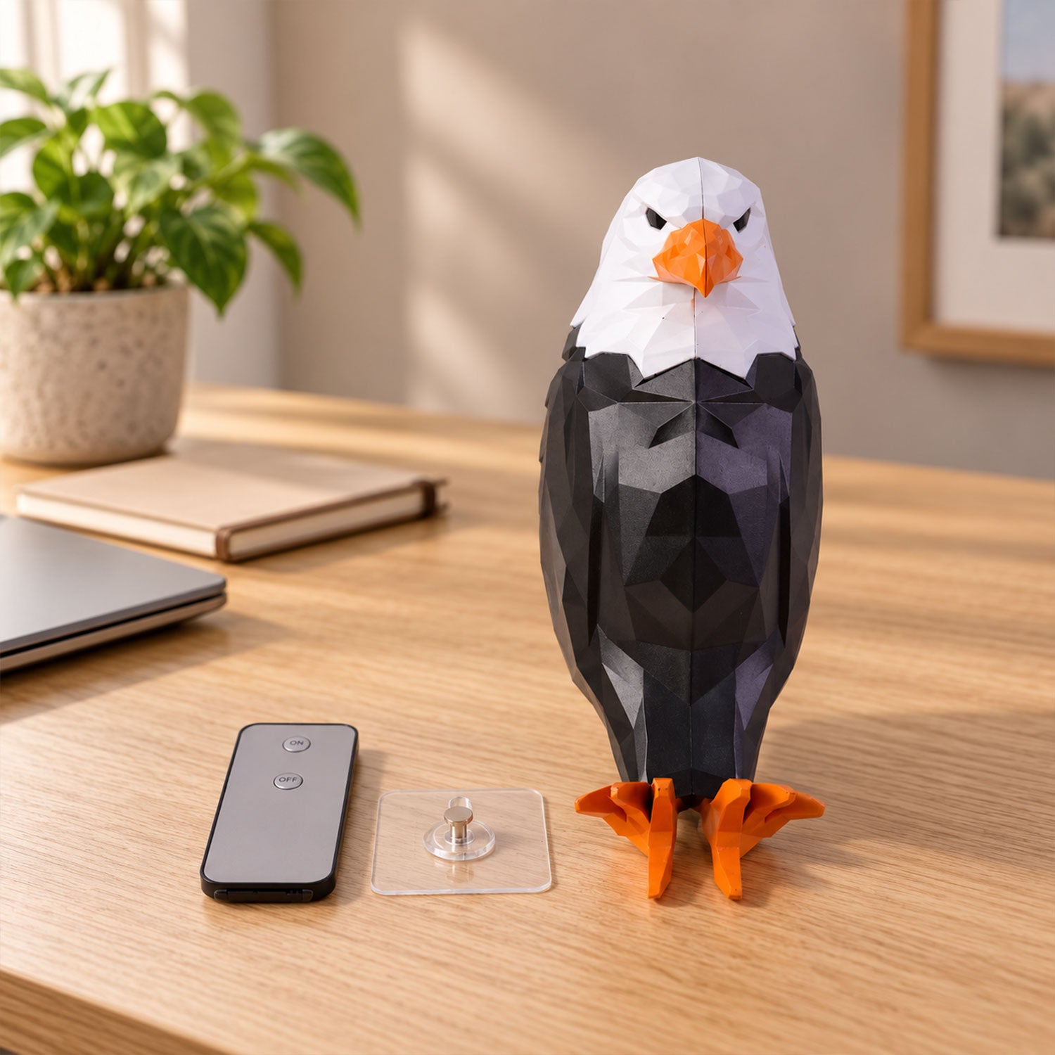 A geometric black and white eagle wall light, remote control, and magnetic holder on a wooden desk with a laptop.