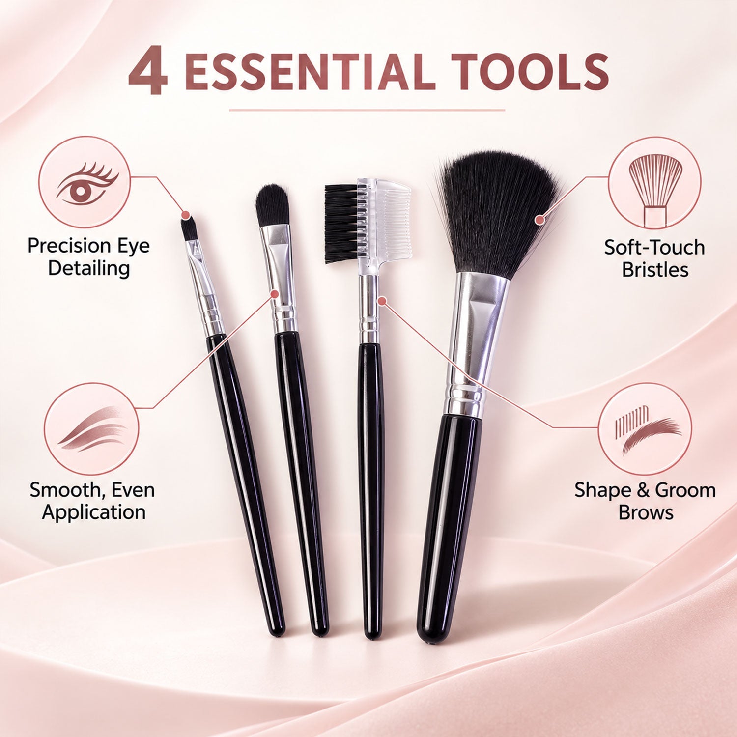 Four black makeup brushes with silver ferrules and black bristles are displayed with text indicating their specific uses.