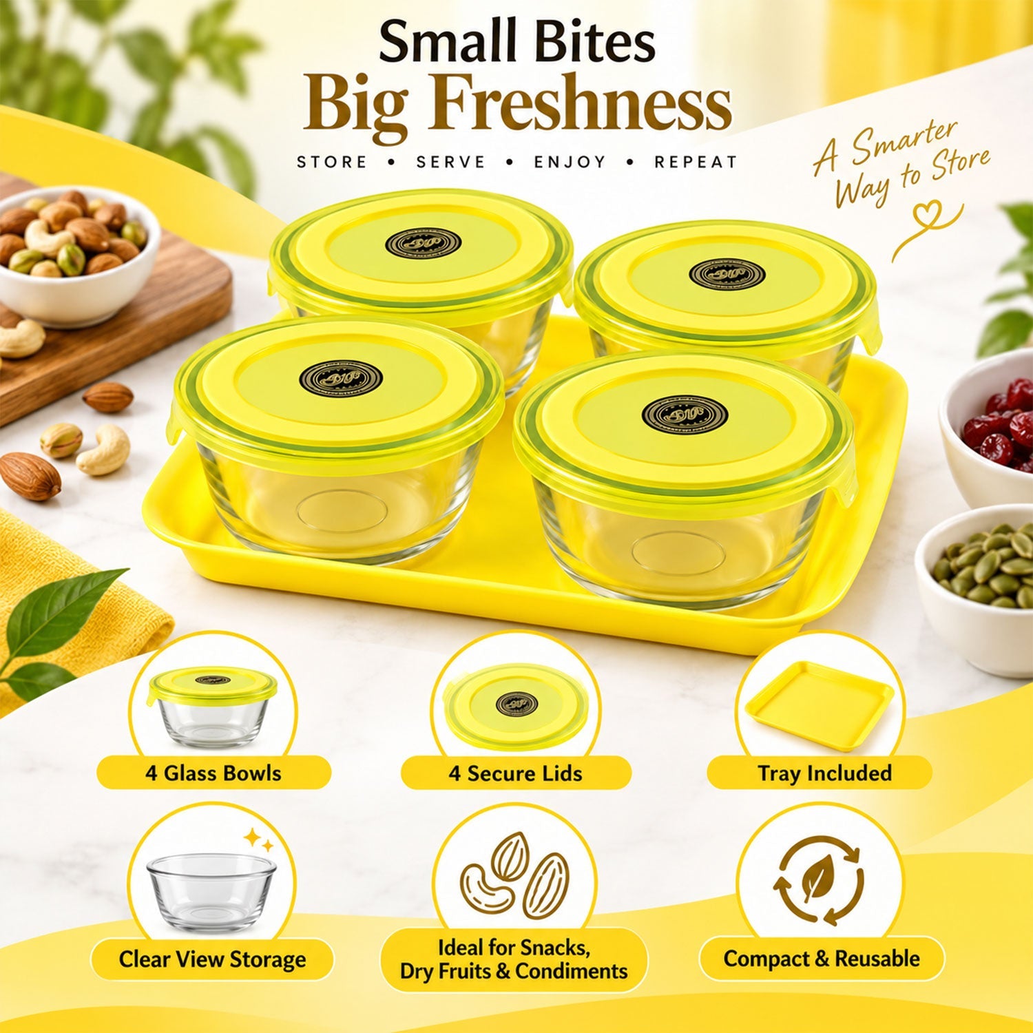 Four glass bowls with yellow lids on a tray, surrounded by various nuts and dried fruit.