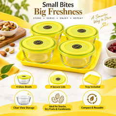 Four glass bowls with yellow lids on a tray, surrounded by various nuts and dried fruit.