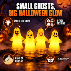Four glowing ghost lights with distinct faces are shown, highlighting their warm LED glow and hang-or-display feature.