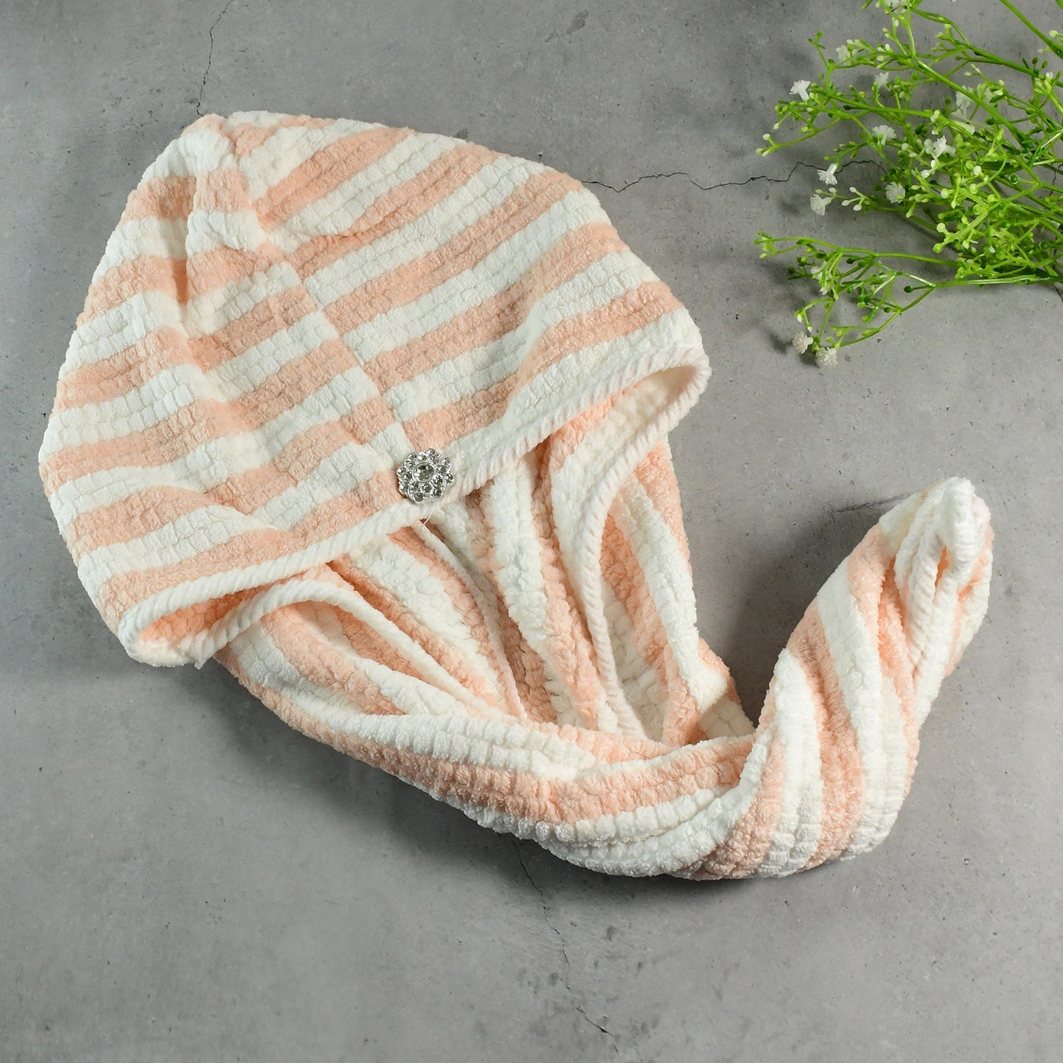Hair drying towel wrap with loop and teddy bear button