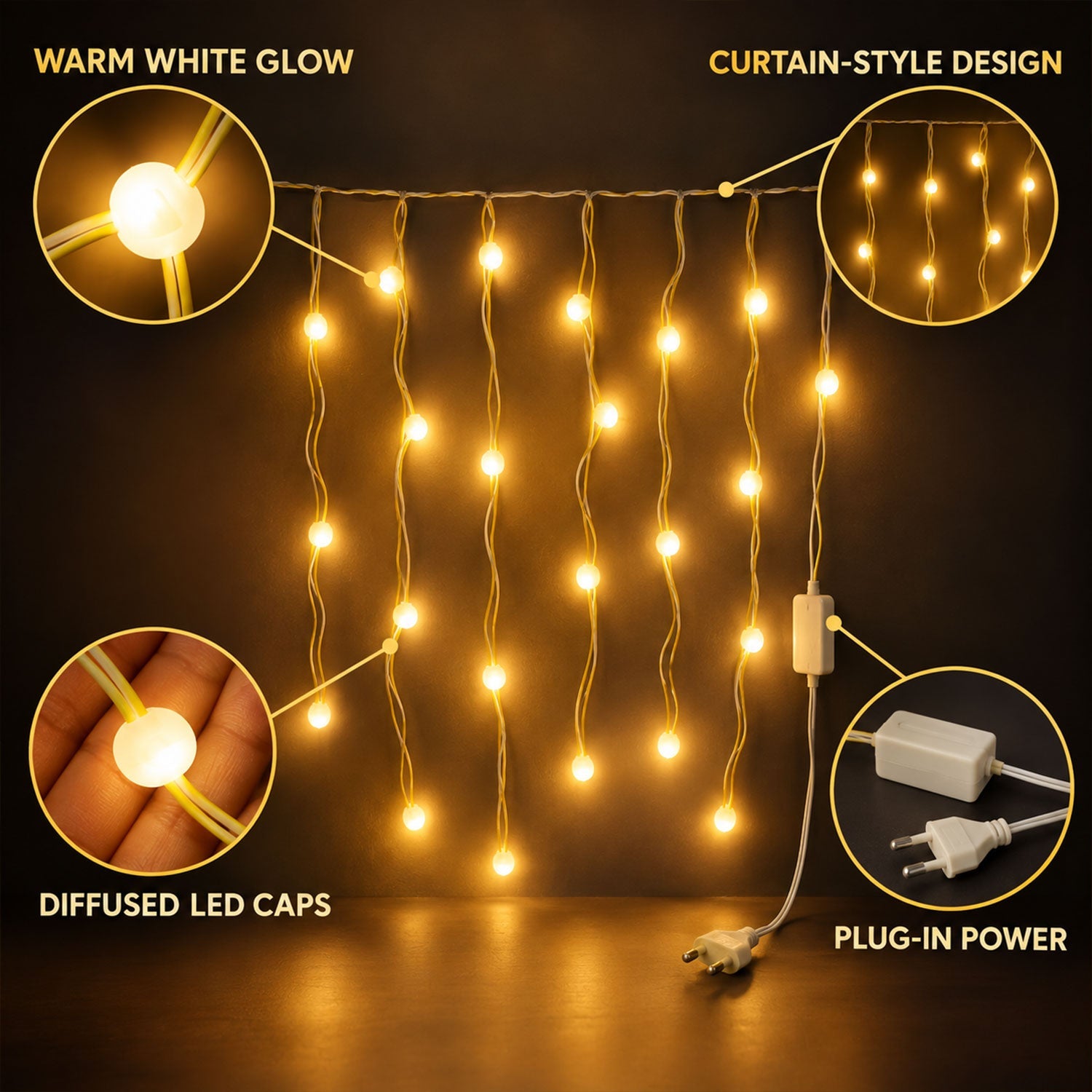 Warm white bulb string lights are displayed with close-up details of the warm glow, curtain design, diffused LED caps, and