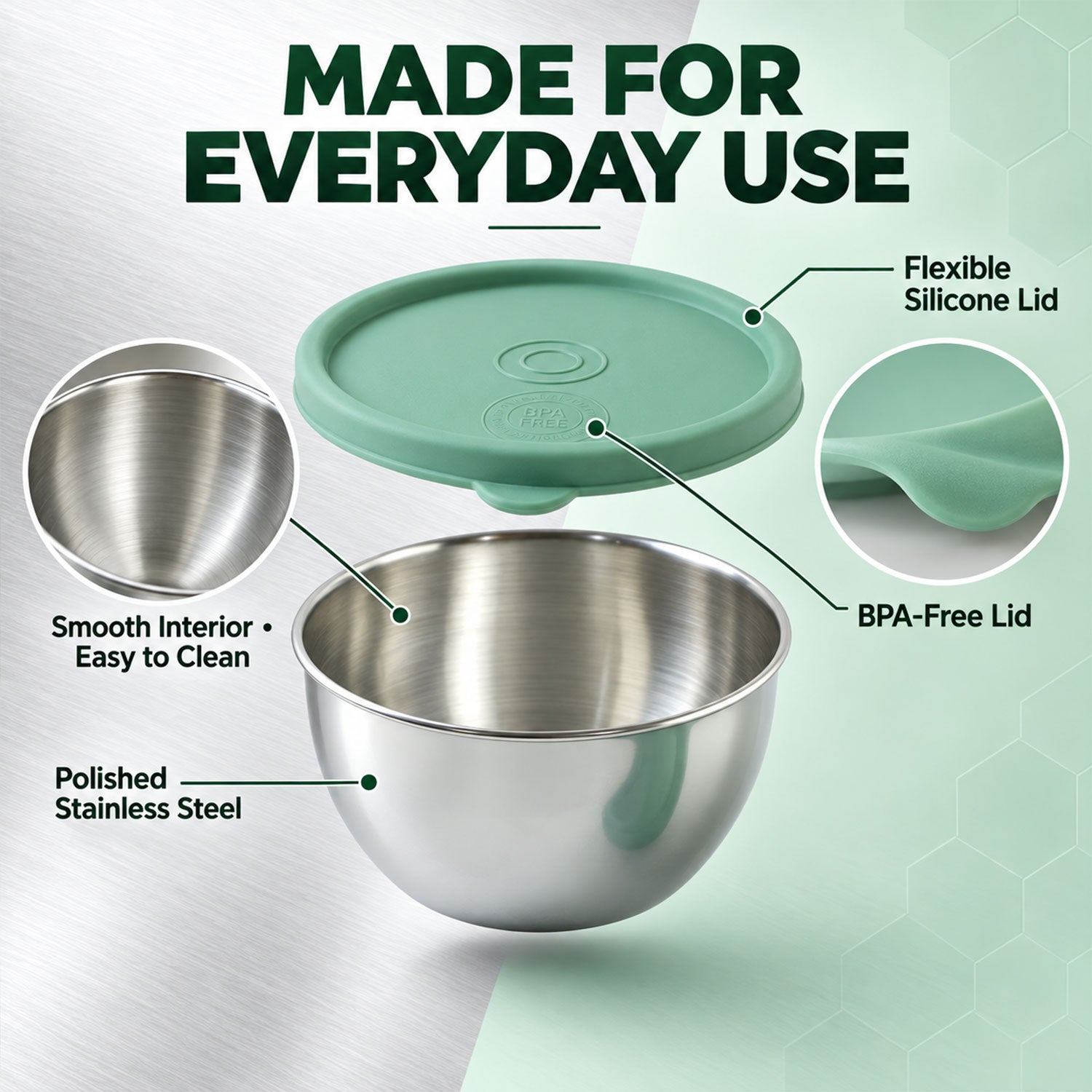 A single stainless steel bowl with a green silicone lid, highlighting its features like smooth interior and BPA-free lid.