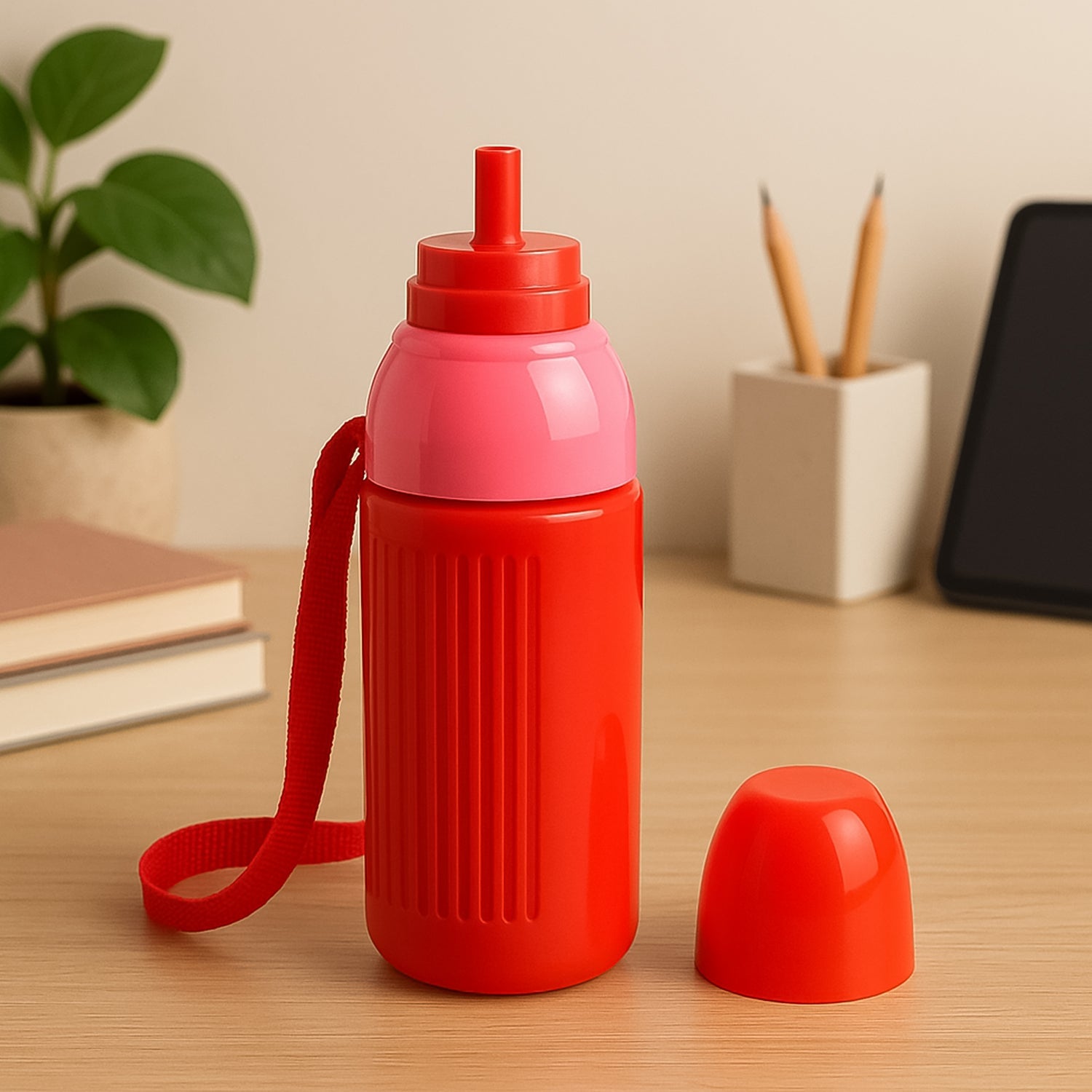 Insulated sports water bottle placed upright with carry strap