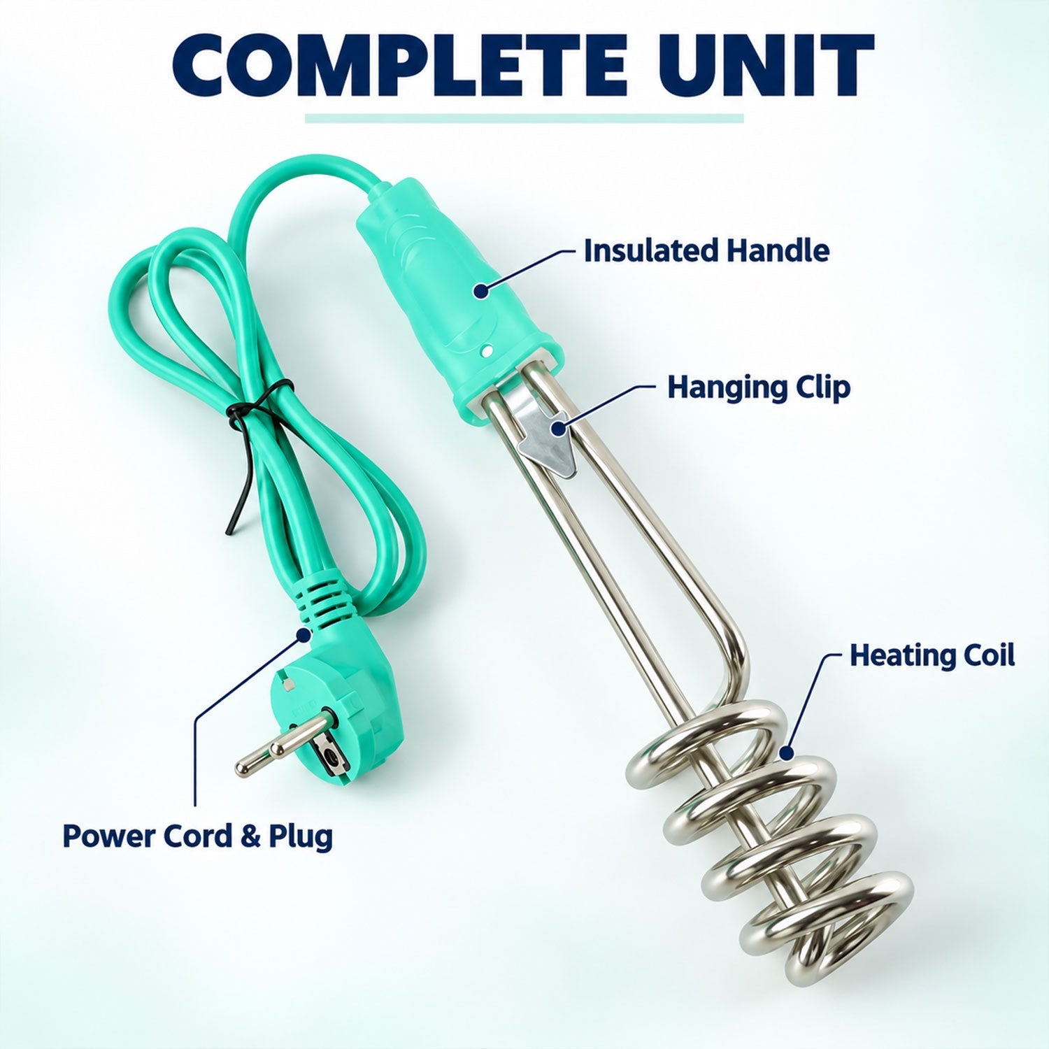 An annotated diagram highlights the insulated handle, hanging clip, heating coil, power cord, and plug of the water heater.