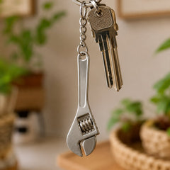 A silver metal mini adjustable wrench keychain hangs with two metal keys against a blurred background of green plants.