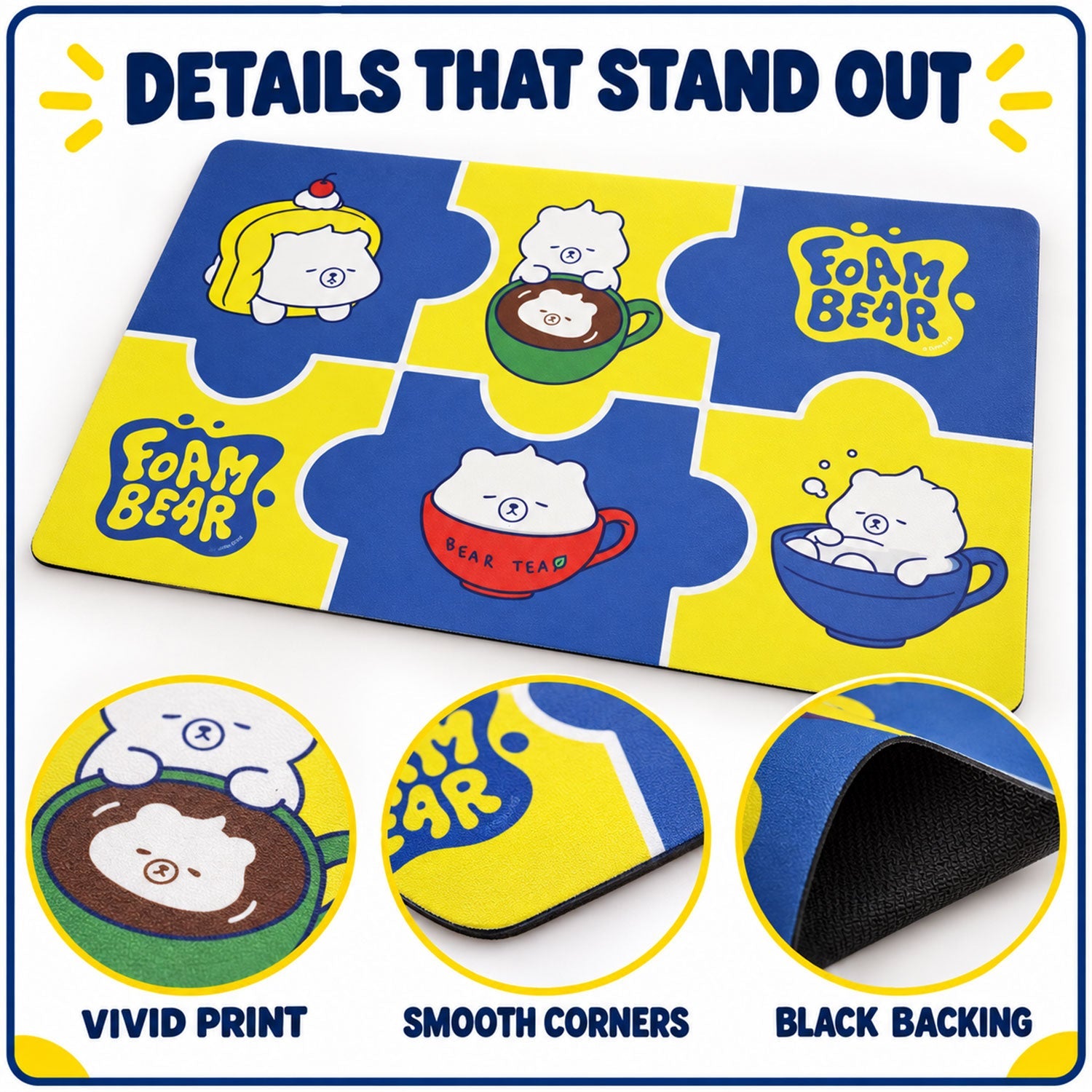 Close-up views of the bath mat show a vivid bear print, smooth corners, and a black textured backing.