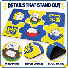 Close-up views of the bath mat show a vivid bear print, smooth corners, and a black textured backing.