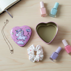 Trinket tin box in heart shape with unicorn print