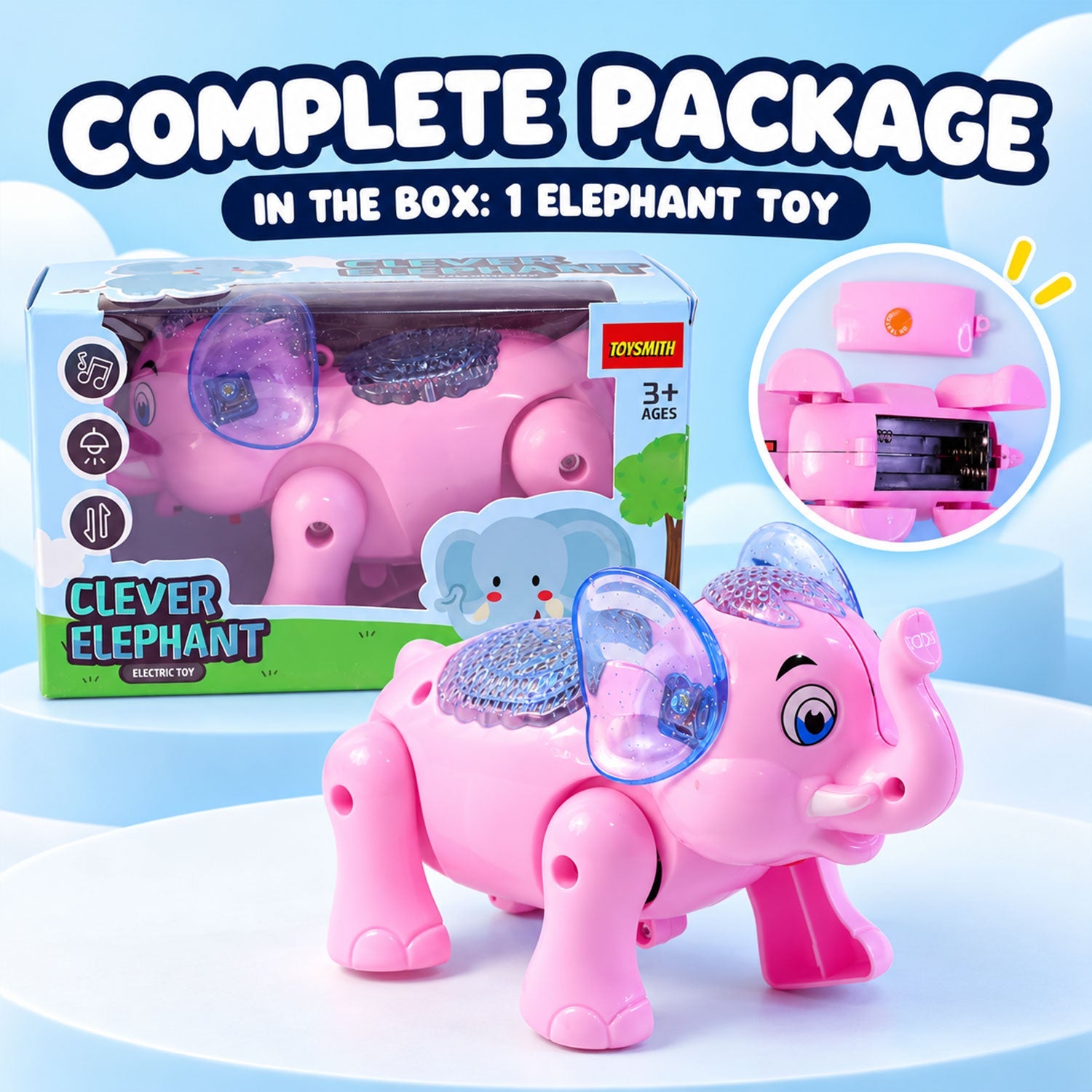 A pink elephant toy with blue glitter ears and its packaging box, showing the battery compartment opened.