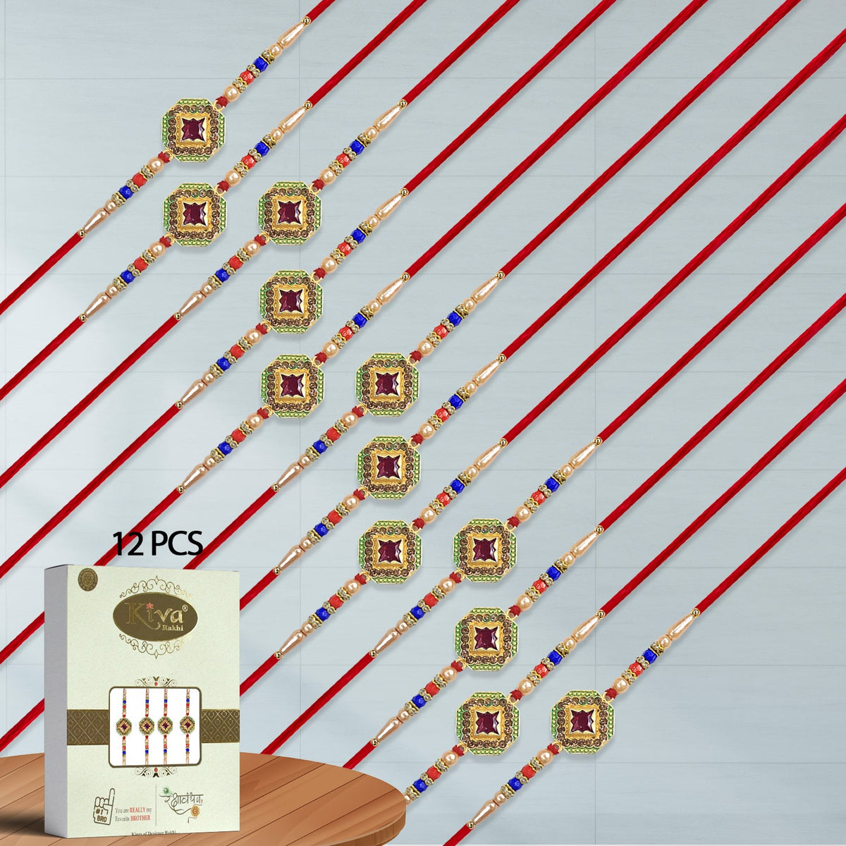 12 Pc Stone Rakhi Set with Red Center Dial, Pearl Beads & Multicolor Accents â€“ Elegant Raksha Bandhan Gift Box for Brothers