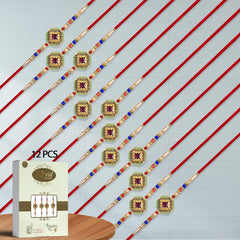 12 Pc Stone Rakhi Set with Red Center Dial, Pearl Beads & Multicolor Accents â€“ Elegant Raksha Bandhan Gift Box for Brothers