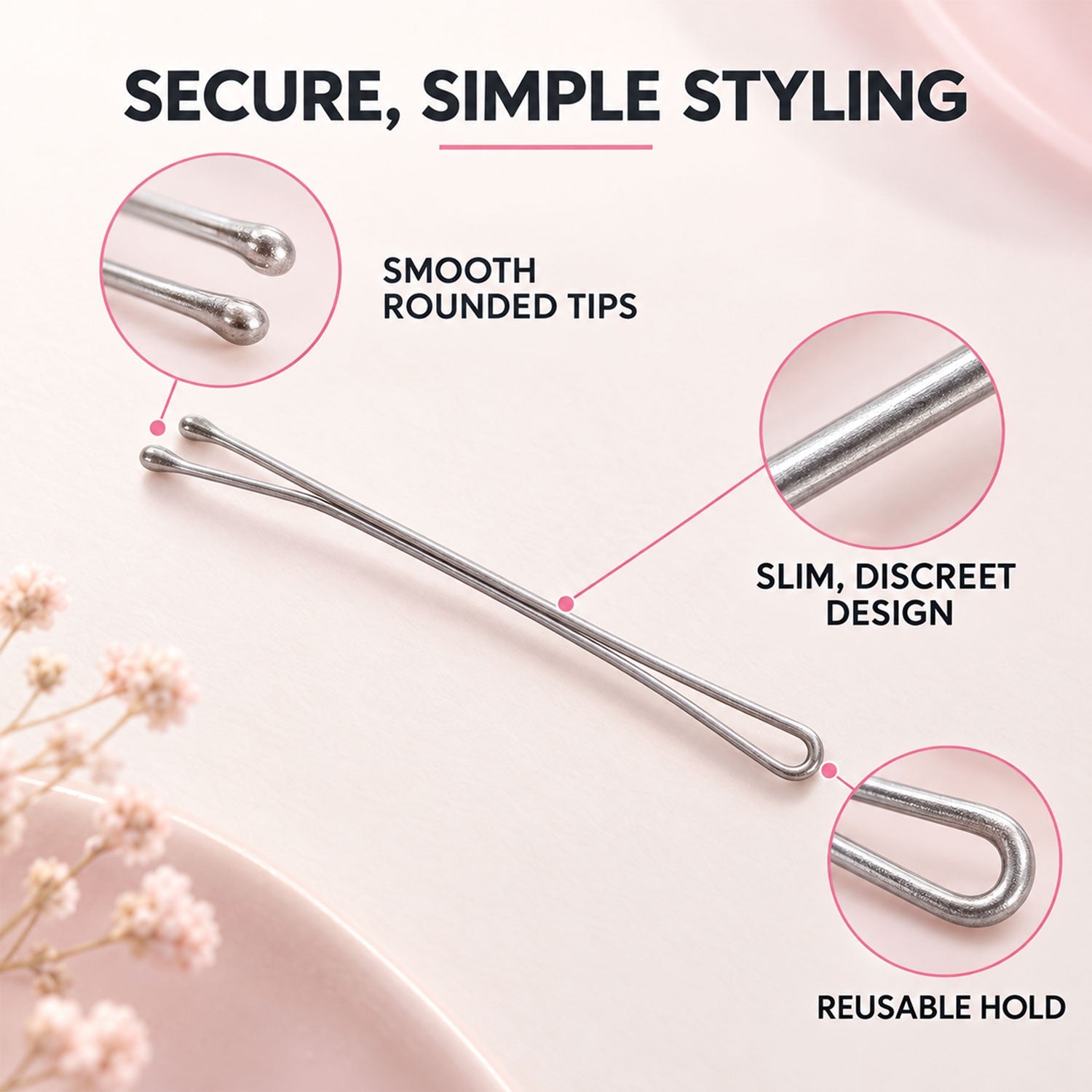 A single silver hairpin with three magnified insets highlighting its smooth rounded tips, slim design, and reusable hold.