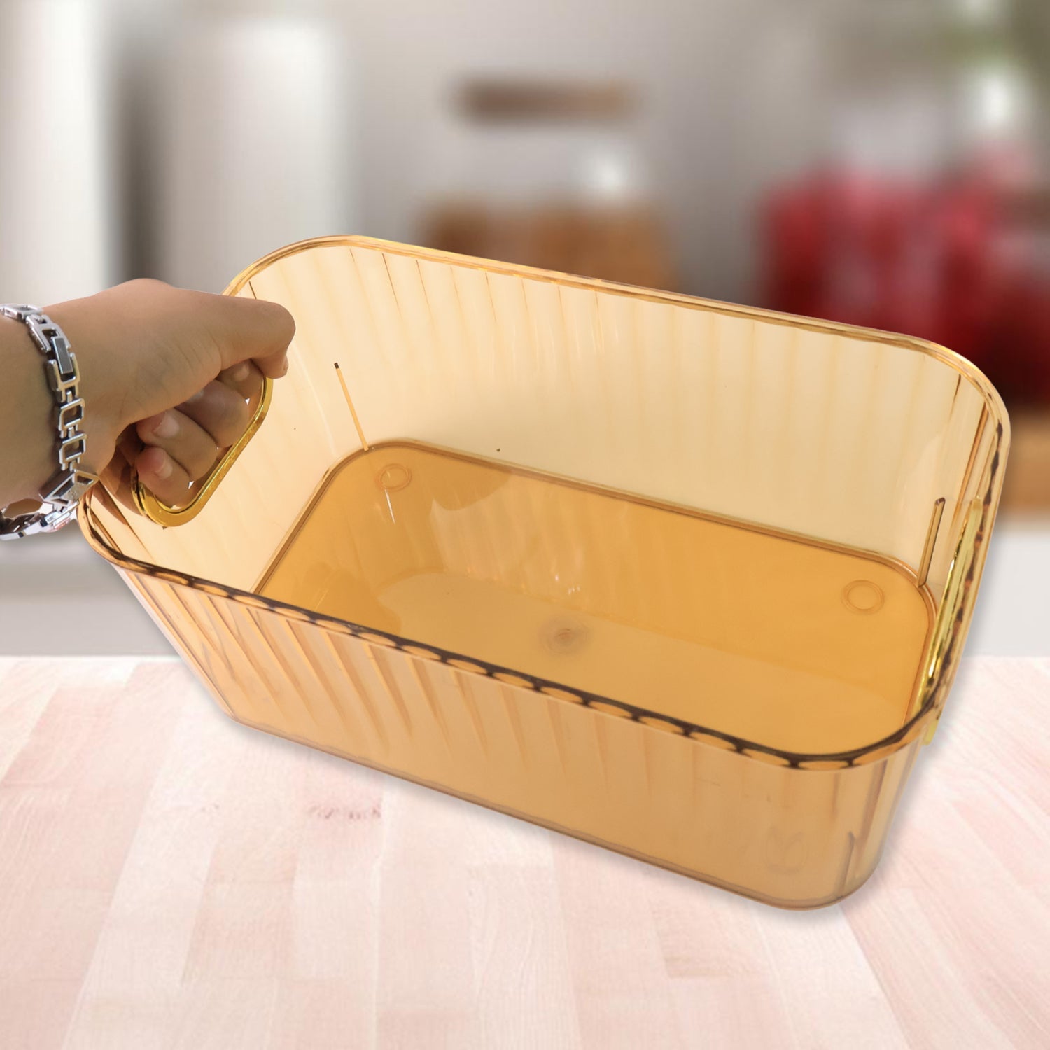 Premium Ribbed Transparent Storage Basket with Gold Handle â€“ Multipurpose Kitchen &amp; Home Organizer Box (25x14cm / 2 Pc)