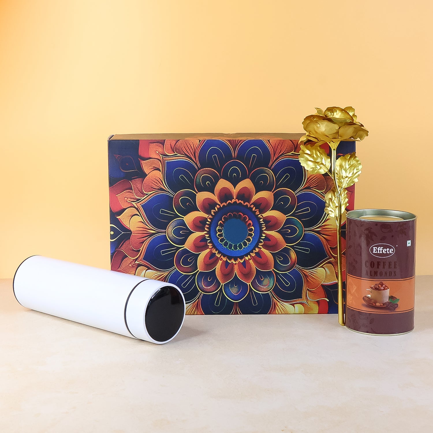 Effete Coffee Almonds Gift Hamper, Golden Rose With Bottle (3 Pc Set)