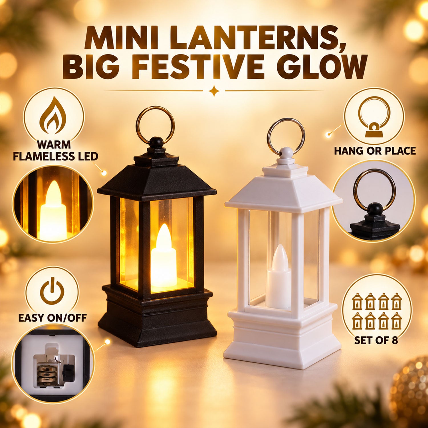 A black and a white miniature lantern with glowing LED candles are displayed, highlighting features like warm flameless LED,