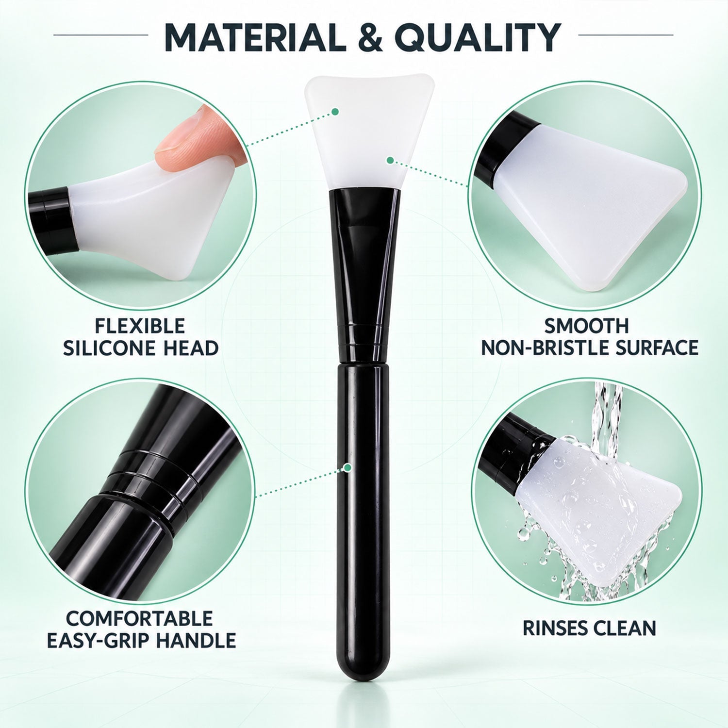 A black and white silicone brush is surrounded by four circular insets demonstrating its flexible head, smooth surface,