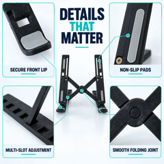 Detailed view of the black laptop stand, highlighting non-slip pads, secure front lip, multi-slot adjustment, and smooth